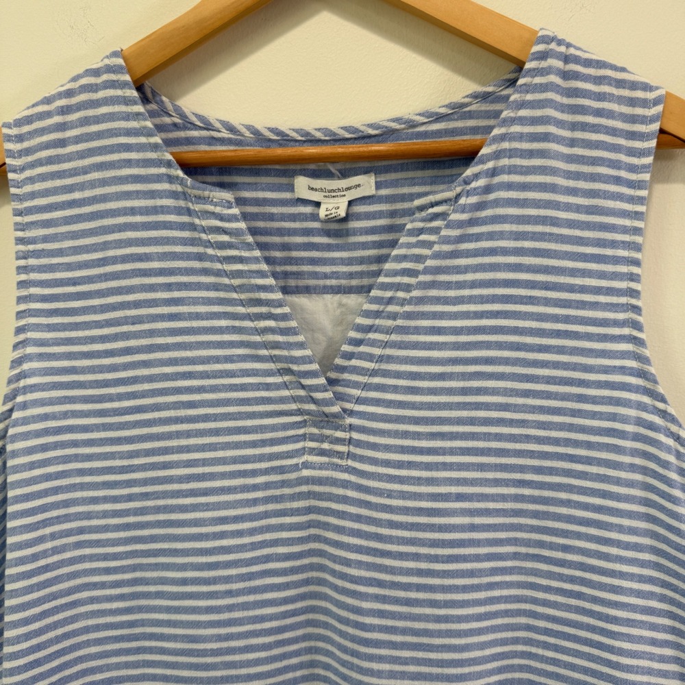 Beachlunchlounge‎ Linen Blend Striped Shift Dress L Coastal V Neck Sleeveless - Picture 3 of 9